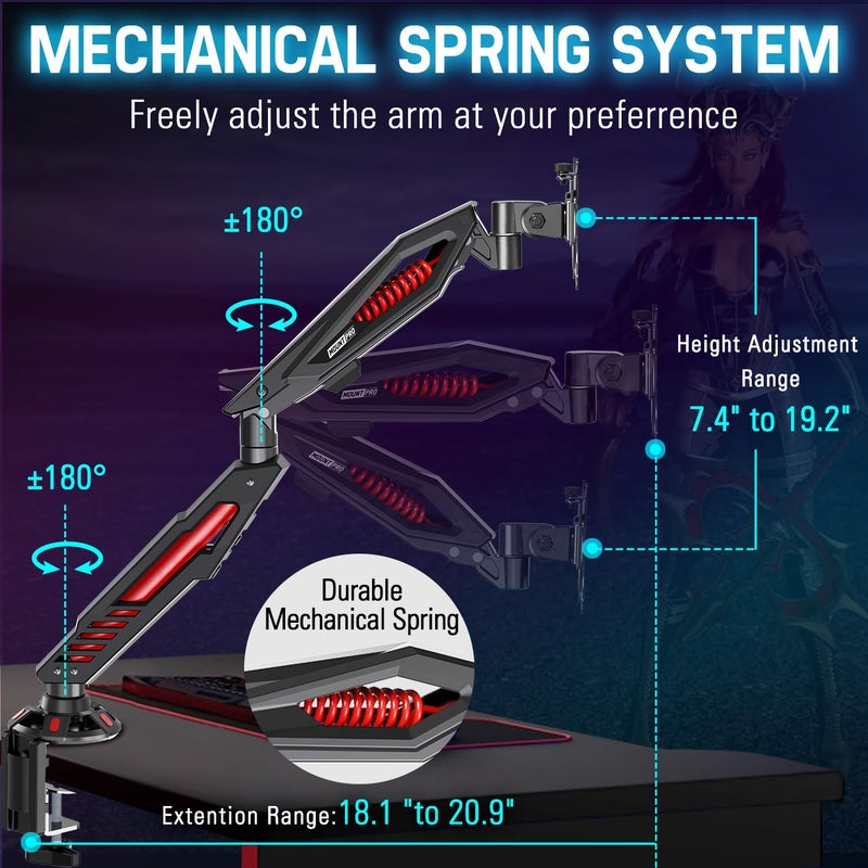 MOUNT PRO Single Gaming Monitor Stand - Mechanical Spring Display Mount, Adjustable Gaming Monitor Arm with C Clamp and Grommet Mounting Base - Fits for Computer Screen up to 32â€, VESA 75x75, 100x100 - Image 4